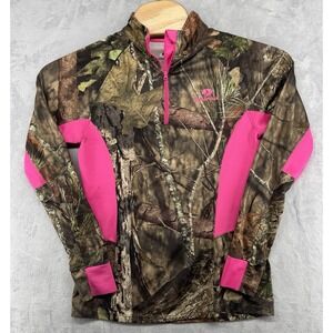 Mossy Oak 1/4 Zip‎ Pullover Hunting Brown Pink Camouflage Stretch Women's M READ
